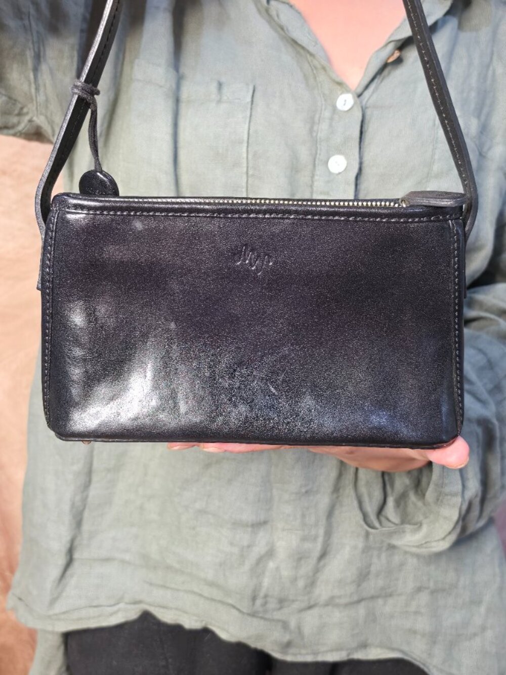 Monsac Black Leather Shoulder Bag Minimalist Crossbody Zip Top Purse